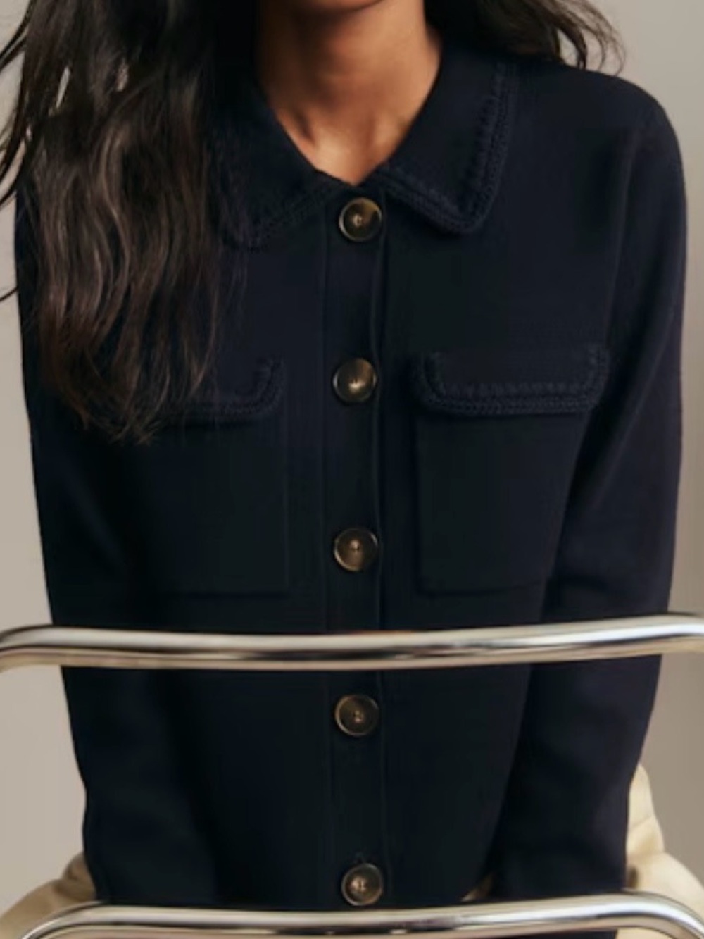 Sezane navy crochet Betty cardigan  100% merino wool